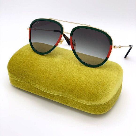 BRAND NEW GUCCI Unisex GG0062S 003 Gold Gold Green Sunglasses - Picture 5 of 15